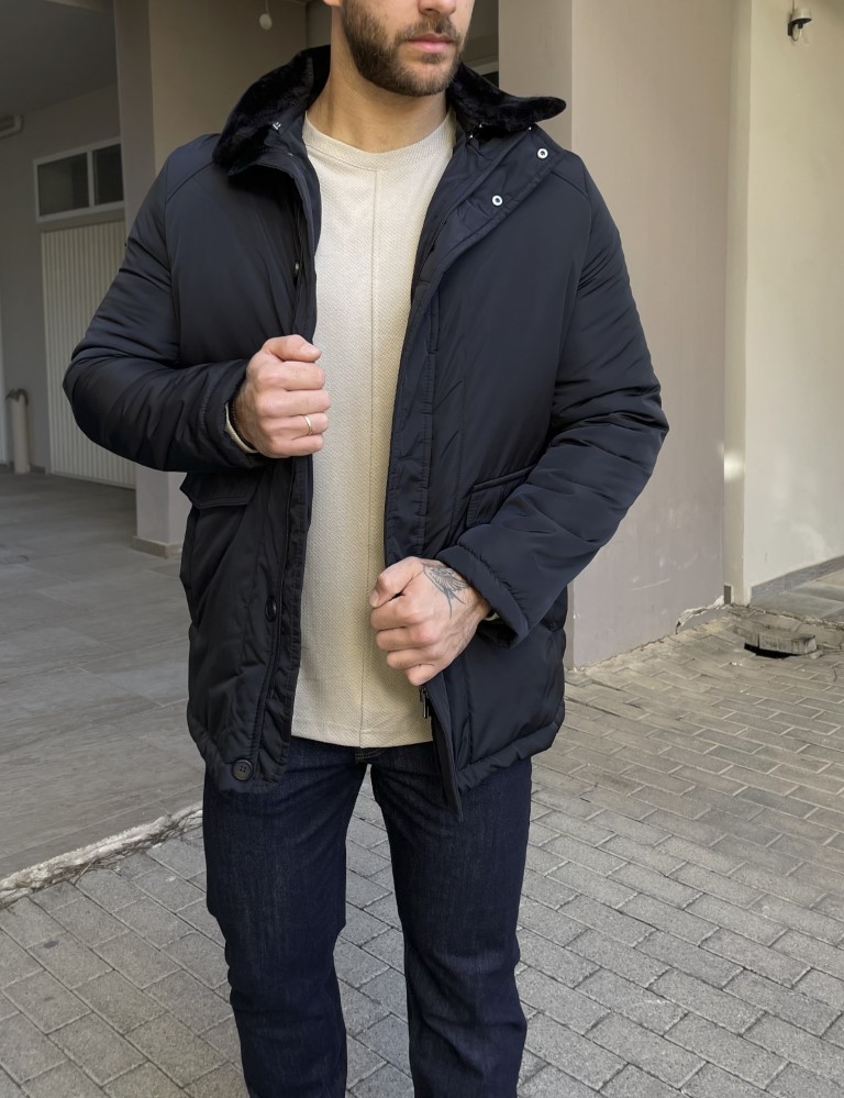 Ανδρικό μπλε μπουφάν με αποσπώμενο γιακά και κουμπιά 444B φωτογραφία